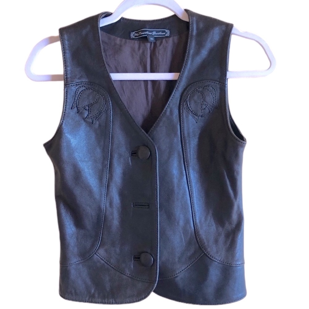 Vintage Dark Brown Genuine Leather Vest with Floral accents